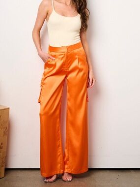 🟠NWT OVI Silky Cargo Pockets Wide Leg Trousers in Orange